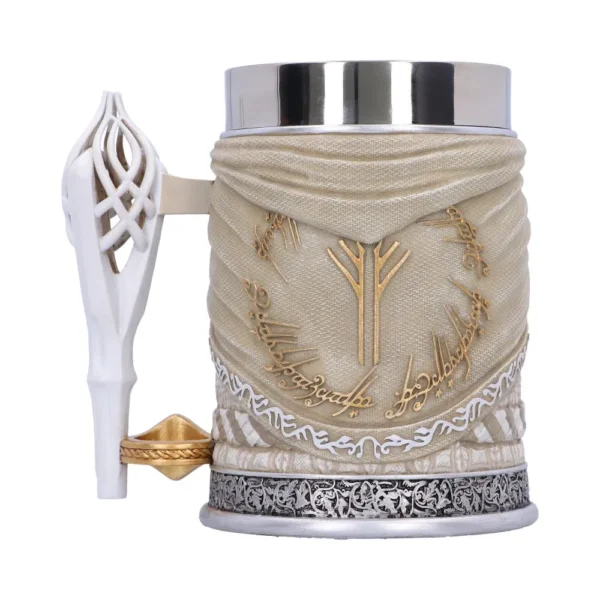 A fantasy-themed mug with golden Elven-style inscriptions and a silver base featuring ornate details.