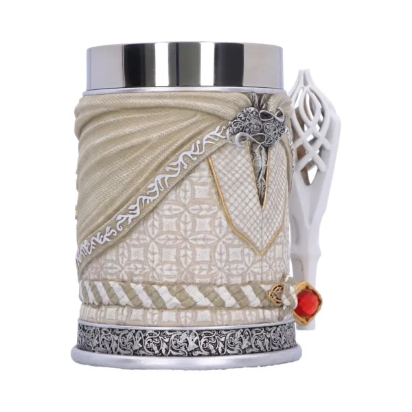 Elven Fantasy Tankard Cream Resin with Red Gemstone Handle An ornate fantasy-style tankard with cream body, gold accents, and a red gemstone handle.