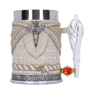 Fantasy Ceramic Mug Beige Gold - Ornate Silver Filigree Handle A fantasy-inspired beige and gold ornamental mug with silver accents and a jeweled white handle.
