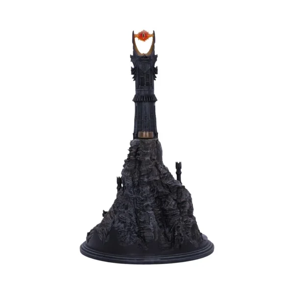 Barad-dûr Tower Figurine Resin Model - Dark Base Fiery Eye A detailed model of Barad-dûr with the fiery Eye of Sauron atop a dark rocky base.