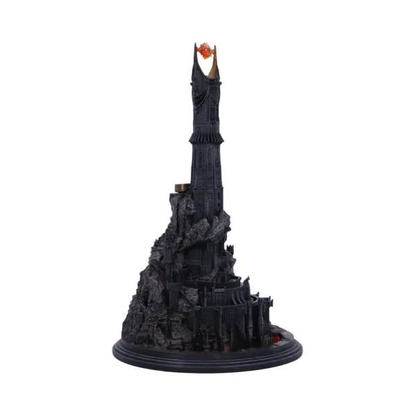 Tower Of Orthanc Model Black Resin Statue - Glowing Eye Detail A detailed model of the dark Tower of Orthanc with a glowing Eye of Sauron on top.