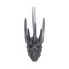 Sauron Helmet Miniature Ornament - Silver Metal Spiked Design A miniature Sauron-style spiked helmet ornament with a gray hanging ribbon on a white background.