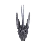 A miniature Sauron-style spiked helmet ornament with a gray hanging ribbon on a white background.