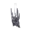 Gothic Miniature Metal Helmet Ornament - Silver Spiked Design A gothic-style miniature metal helmet with spikes hanging by a gray ribbon against a white background.