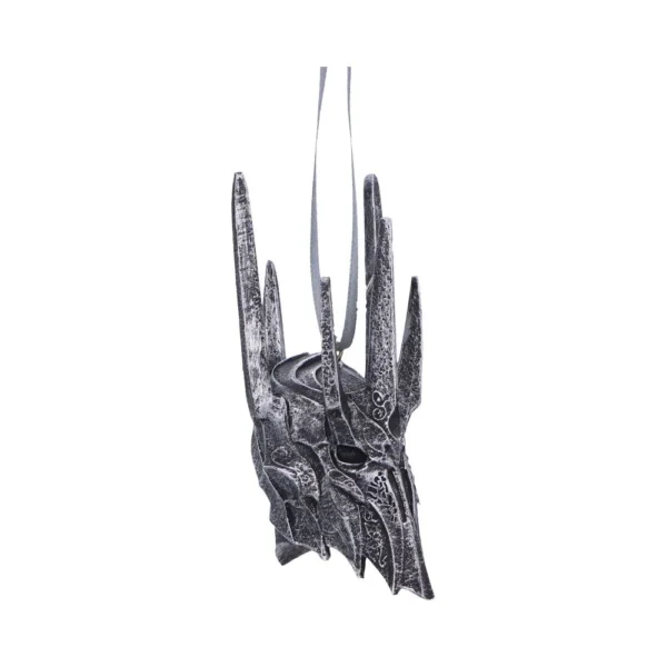 Gothic Miniature Metal Helmet Ornament - Silver Spiked Design A gothic-style miniature metal helmet with spikes hanging by a gray ribbon against a white background.