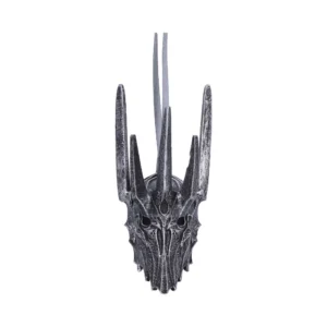 Sauron Helmet Miniature Ornament - Silver Metal Spiked Design A miniature Sauron-style spiked helmet ornament with a gray hanging ribbon on a white background.