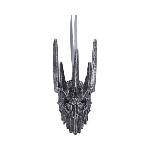 Sauron Helmet Miniature Ornament - Silver Metal Spiked Design A miniature Sauron-style spiked helmet ornament with a gray hanging ribbon on a white background.