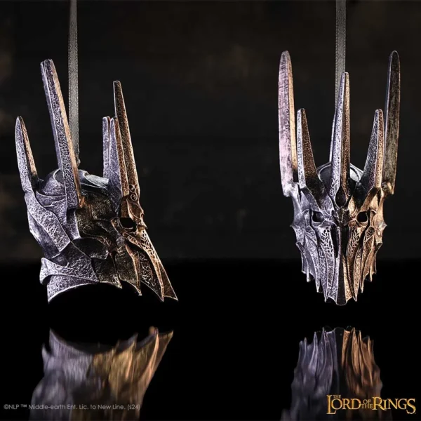 Sauron Helmets Metallic Gray Bronze Spiked Design Reflective Two detailed metallic Sauron helmets with spikes reflecting on a dark glossy surface.