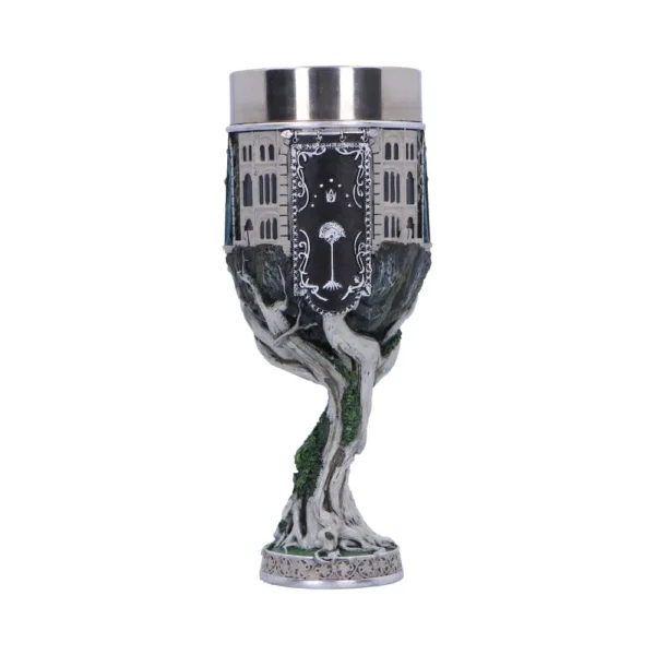 Fantasy Silver Resin Goblet - White Tree Emblem Castle Design A fantasy goblet with a white tree emblem, castle design, and twisting tree-root stem.