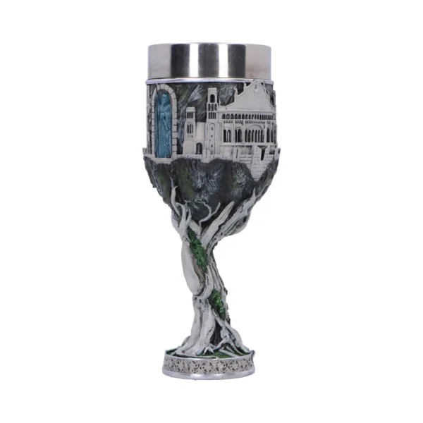 Elven Castle Fantasy Goblet Silver Chalice With Tree Roots A fantasy goblet shaped like an elven castle blending stone architecture with tree roots and vines.