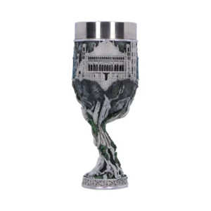 Fantasy Castle Chalice Metal Goblet - Tree Root Design A detailed fantasy chalice featuring a castle design merging into twisted tree roots and metal accents.