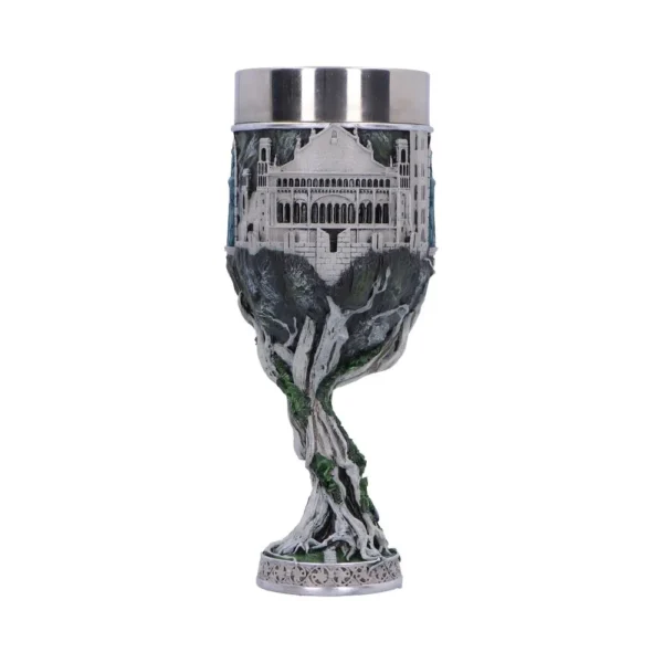 Fantasy Castle Chalice Metal Goblet - Tree Root Design A detailed fantasy chalice featuring a castle design merging into twisted tree roots and metal accents.