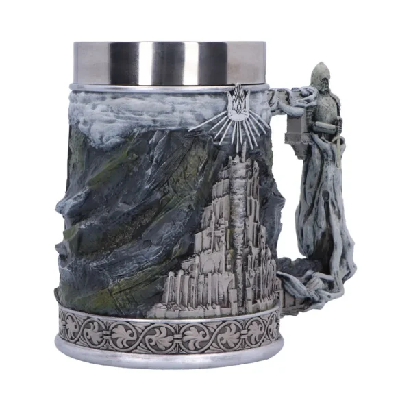 Fantasy Castle Sculpted Mug Resin Gray - Robed Guardian Handle A fantasy castle-themed sculpted mug with mountain details and a robed figure handle.
