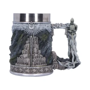 Minas Tirith Tankard Stainless Steel Gray - Gondor Knight Handle A detailed Minas Tirith tankard featuring Gondor emblem, stone city design, and armored knight handle.