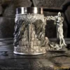 Minas Tirith Themed Ceramic Mug Gray - Knight Handle Design Detailed Minas Tirith-themed mug with Gondor emblems and a knight-shaped handle inspired by The Lord of the Rings.