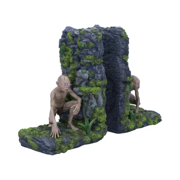 Gollum Bookends Resin Stone Gray Set - Mossy Cave Design Gollum-themed rocky moss-covered bookends resembling a cave wall from The Lord of the Rings.