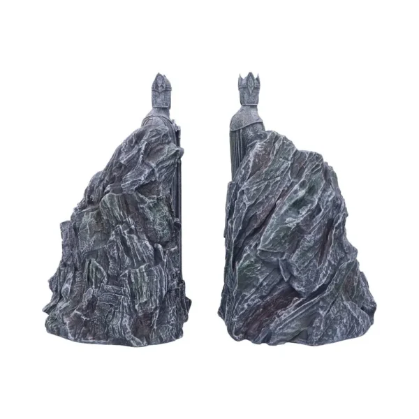 Two ancient stone guardian statues carved into rocky cliffs with moss and weathered details.