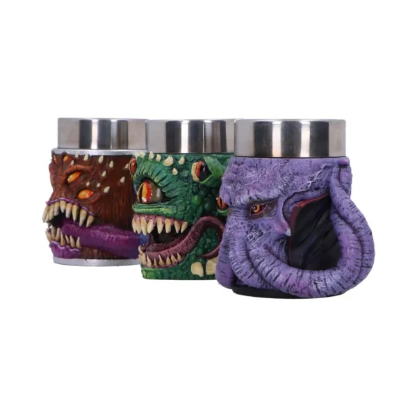 Fantasy Monster Head Mugs Resin Metal - Detailed Hand-Painted Three fantasy monster mugs shaped like creature heads with detailed painted features and metal rims.