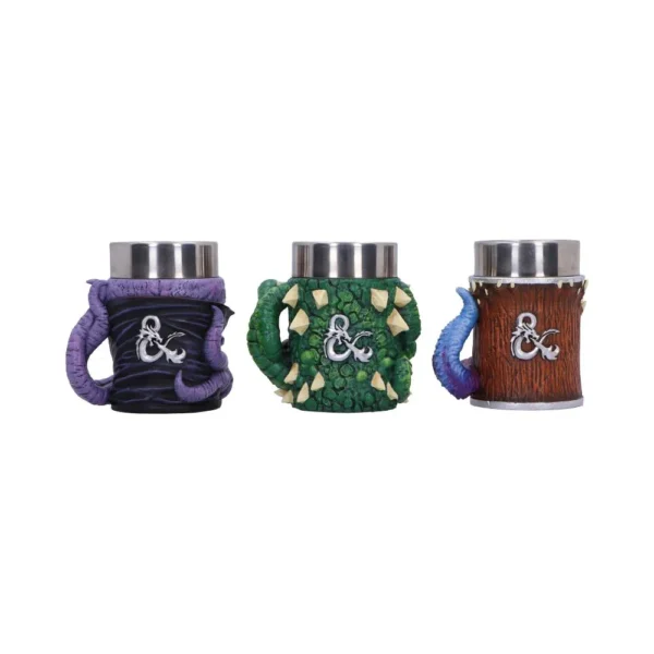 Dungeons & Dragons Fantasy Mugs Set Stainless Steel - Monster Design Three fantasy Dungeons & Dragons mugs featuring dragon scales, tentacles, and beastly textures on a white background.