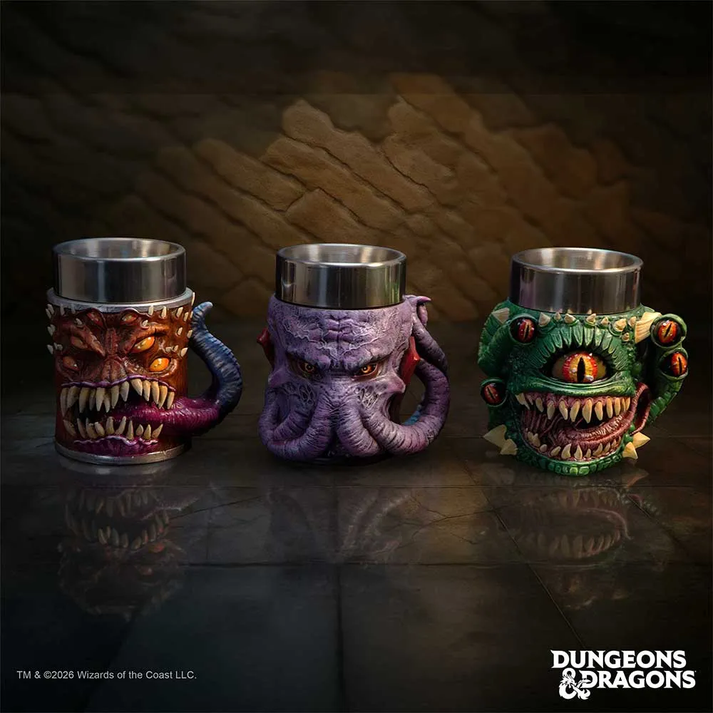 12 Best Fantasy Mugs for Magical Gifting 2 Three detailed Dungeons & Dragons monster mugs featuring a demon, Mind Flayer, and Beholder on display.