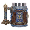 Fantasy Tankard Wooden Mug Blue Banner With Golden Lion Emblem A fantasy-themed ornate tankard with wooden texture, blue banner, and golden lion emblem.