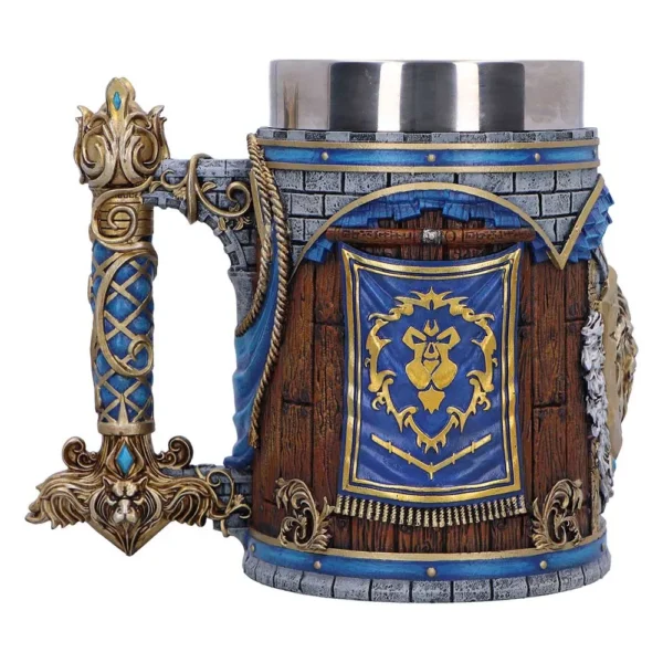 Fantasy Tankard Wooden Mug Blue Banner With Golden Lion Emblem A fantasy-themed ornate tankard with wooden texture, blue banner, and golden lion emblem.