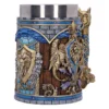 Fantasy Medieval Tankard Stainless Steel Blue Gold Lion Design A decorative fantasy tankard with golden lion and gryphon designs on a blue and wooden body.