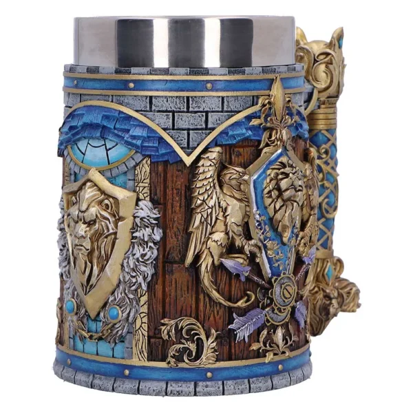 Fantasy Medieval Tankard Stainless Steel Blue Gold Lion Design A decorative fantasy tankard with golden lion and gryphon designs on a blue and wooden body.