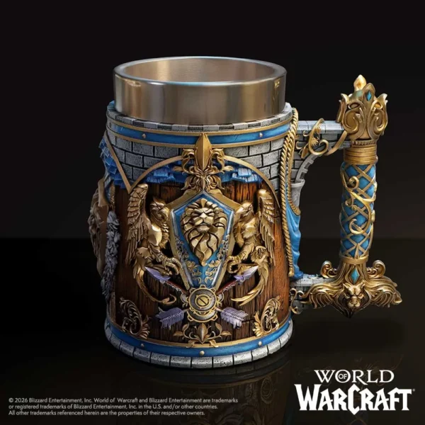 World of Warcraft Alliance Tankard Resin Blue Gold Lion Emblem An ornate World of Warcraft Alliance tankard with gold lion emblem and blue-gold detailing.