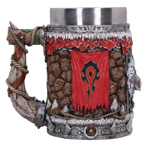 Horde Stone Fantasy Mug - Brown Rock Texture With Red Banner A detailed fantasy mug with a Horde emblem, stone texture, and metallic armor accents.