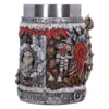 World of Warcraft Horde Tankard Mug - Stone Metal Red Emblem A fantasy-themed stone and metal tankard with Horde emblem and fur details from World of Warcraft.