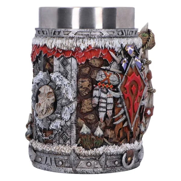 World of Warcraft Horde Tankard Mug - Stone Metal Red Emblem A fantasy-themed stone and metal tankard with Horde emblem and fur details from World of Warcraft.