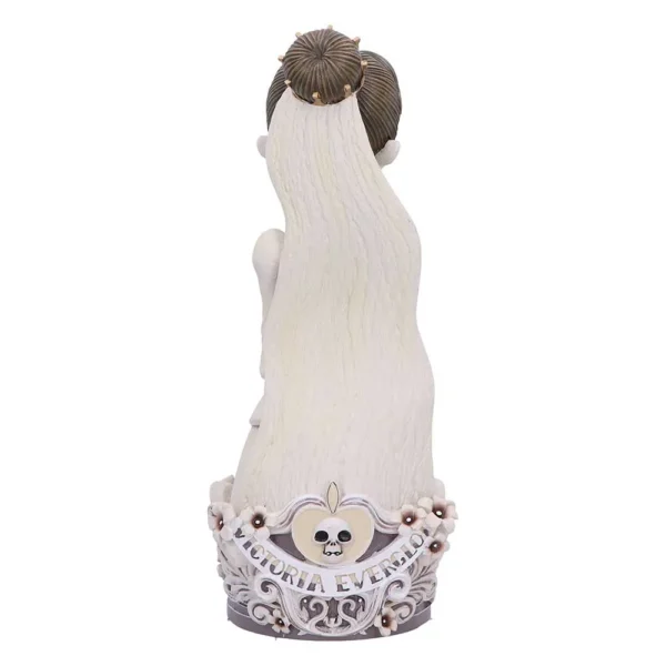 Back view of a pale-haired female figurine with ornate base showing “Victoria Everglow” emblem.