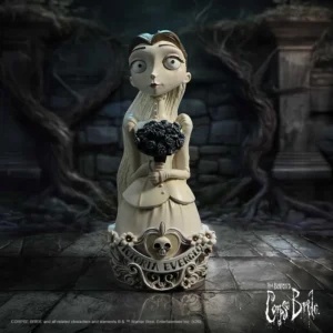 Victoria Everglot Gothic Figurine Porcelain White - Dark Roses A gothic figurine of Victoria Everglot holding dark roses in a dim graveyard setting.