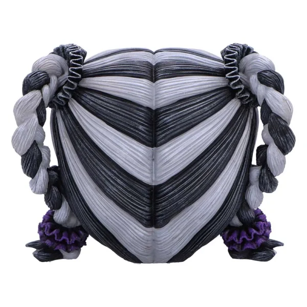 Braided Hair Sculpture Resin Art Black Silver With Purple Ties Sculpted black and silver braided hair with purple scrunchies forming a symmetrical, artistic design.