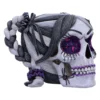 Gothic Decorative Skull Sculpture White Black Purple Glitter Eyes Decorative gothic skull with purple glitter eyes, black-and-white braided hair, and spider web designs