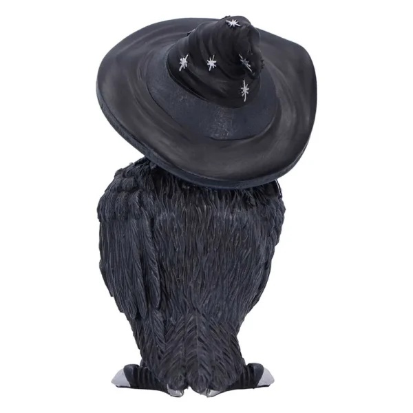 A black owl figurine wearing a starry wizard hat with detailed textured feathers.