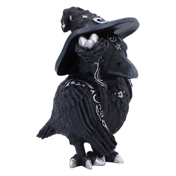 A black raven figurine wearing a starry wizard hat with silver runes and skull pendant.