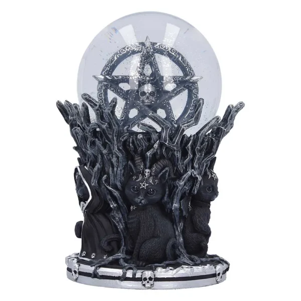 Gothic Snow Globe Resin Black Cats Pentagram Skull Design A gothic snow globe featuring a pentagram, skulls, black cats, and a cloaked reaper figure.