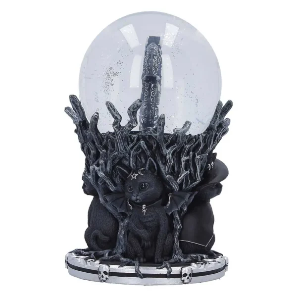 Gothic Cat Snow Globe Resin Sculpture Black - Occult Design A gothic snow globe with black cats, skull accents, and dark twisted branches.