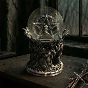 Crystal Ball Glass Orb Dark Wood Base With Pentagram Skull A mystical crystal ball with a pentagram and skull on a wooden table with a witch cat.