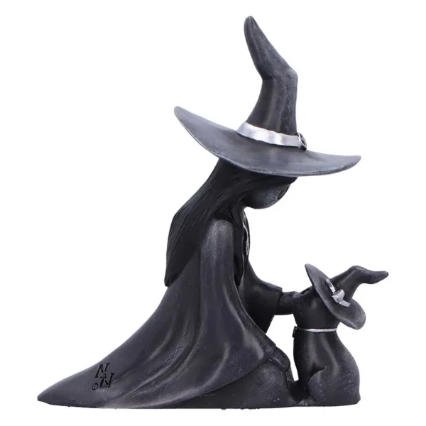 Witch and Pet Figurine Resin Sculpture - Black Silver Accents Black witch figurine kneeling beside small pet in matching hat, matte finish with silver accents.