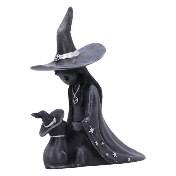 Whimsical Witch and Cat Sculpture Matte Black Silver Accents A black witch kneeling beside a black cat, both wearing silver-accented hats and charms.