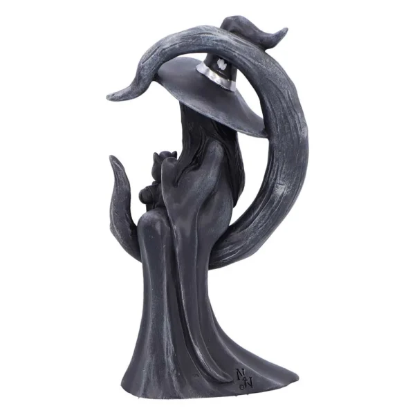 Witch Sculpture Figurine Dark Resin - Crescent Moon and Cat Dark sculpture of a witch holding a cat beneath a crescent moon, symbolizing mystery and magic.