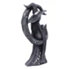 Witch Sculpture Resin Dark Gray - Crescent Moon and Cat Design Monochrome sculpture of a witch in a flowing robe holding a cat under a crescent moon.