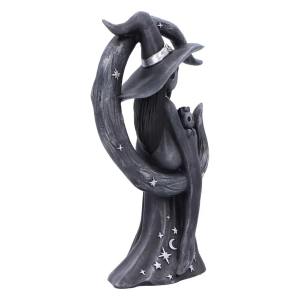 Witch Sculpture Resin Dark Gray - Crescent Moon and Cat Design Monochrome sculpture of a witch in a flowing robe holding a cat under a crescent moon.