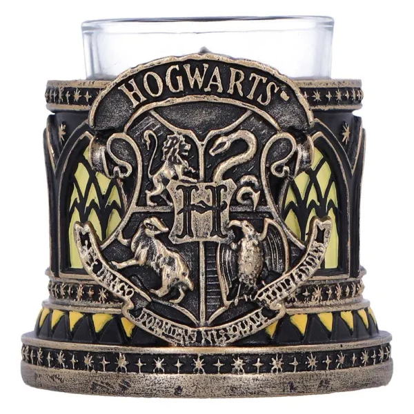 Hogwarts Crest Candle Holder Metallic Resin Gold - Gothic Design A gold and black Hogwarts crest candle holder with glass insert and ornate medieval detailing.
