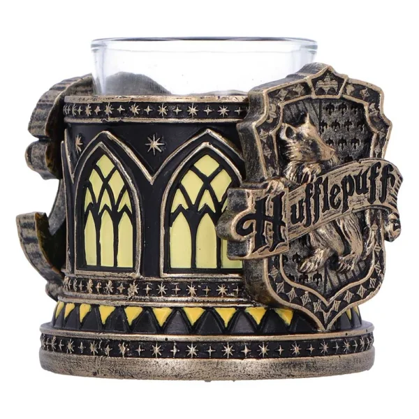 Hufflepuff Glass Holder Bronze Gold Medieval Crest Design A decorative Hufflepuff-themed glass holder with gold and bronze medieval-style detailing.