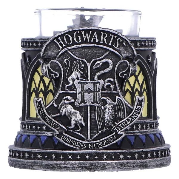 Hogwarts Crest Metal Candle Holder Silver - Stained Glass Glow Hogwarts crest decorative candle holder with metallic details and glowing yellow stained-glass windows.
