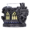 Ravenclaw Candle Holder Resin Black Silver - Gothic Crest Design A detailed Ravenclaw-themed candle holder with silver, blue, and gothic architectural designs.